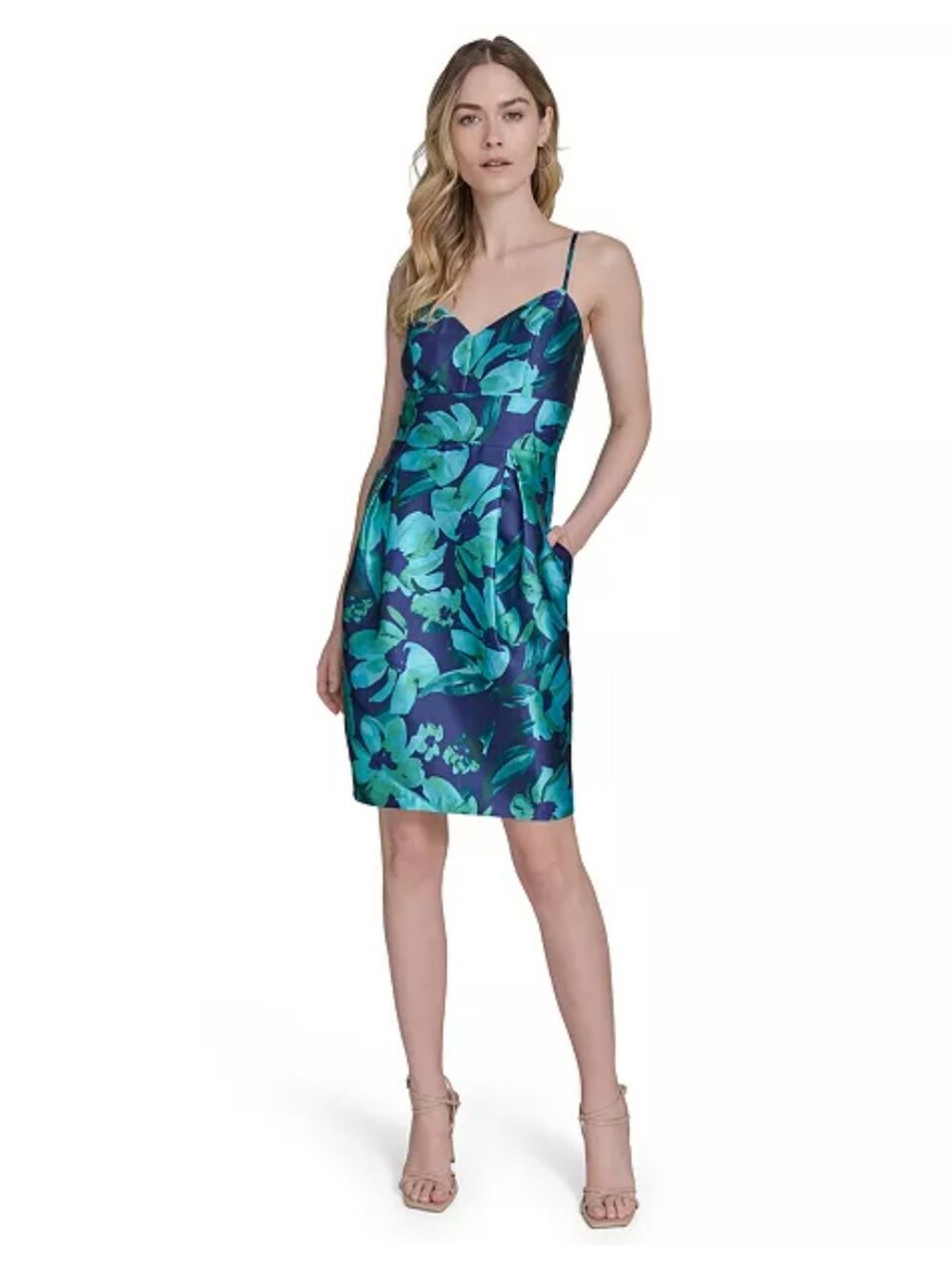NWT Eliza J Blue Green Floral Dress Size 14 Spaghetti Strap Wedding Guest